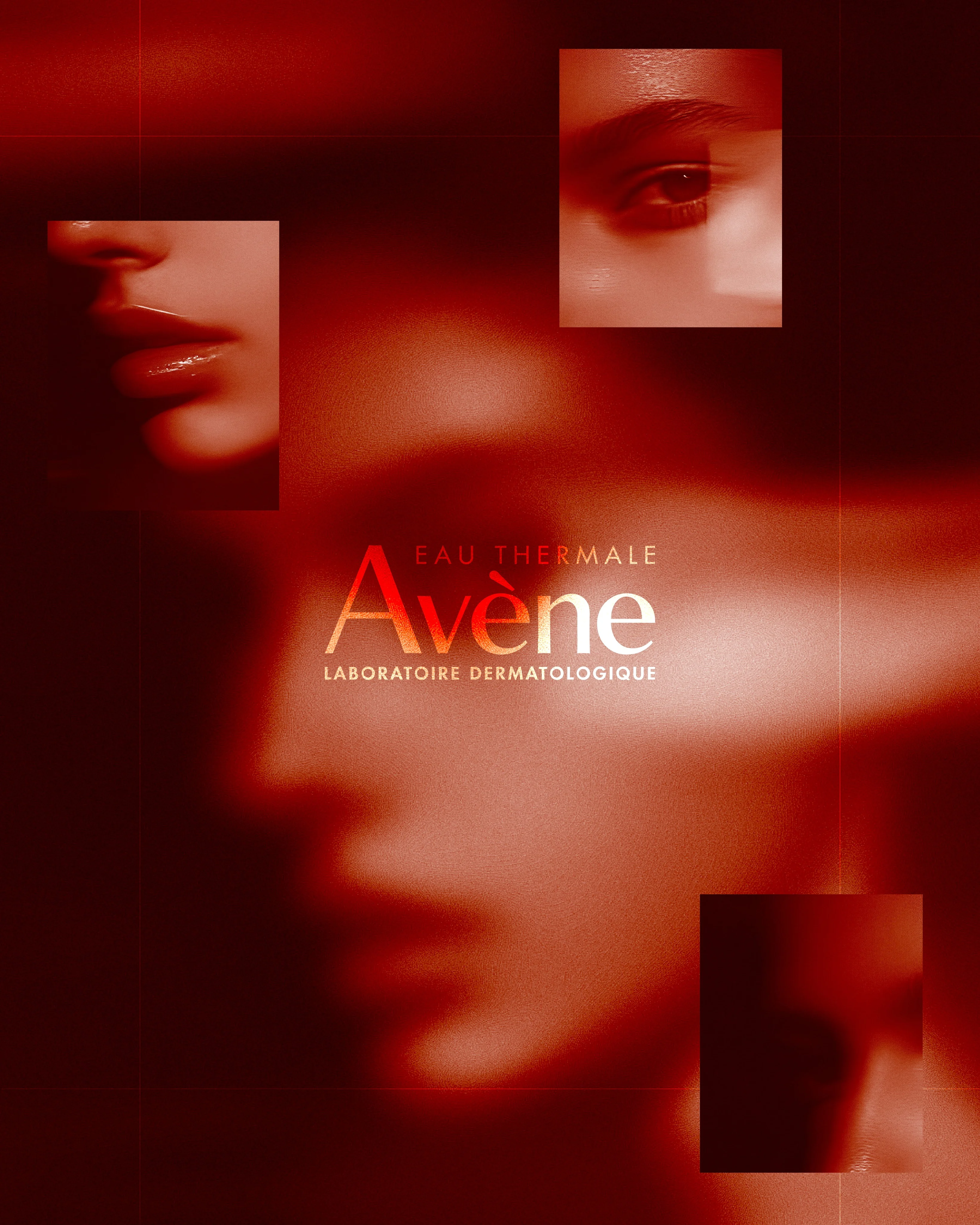 Avene skincare packaging in red tones
